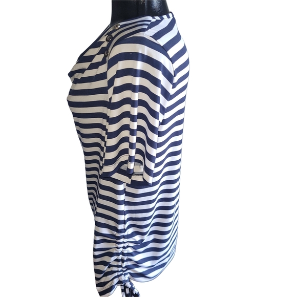 Claire France Navy and White Striped Short Sleeve Drape Neck Top 1X - Picture 4 of 6